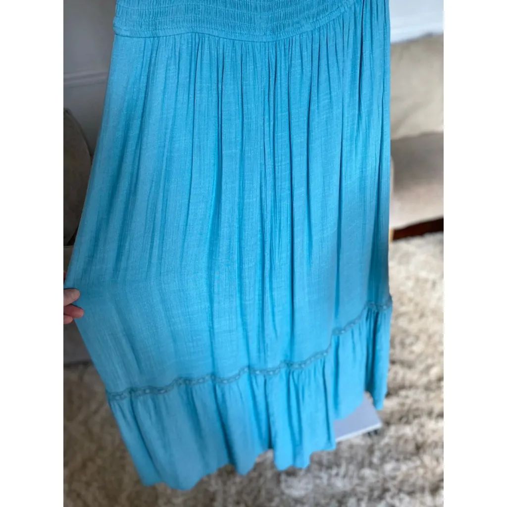 August Sky Smocked Maxi Dress Blue Ruffle Sleeve L Cottagecore Quiet Luxury Size L - Image 7