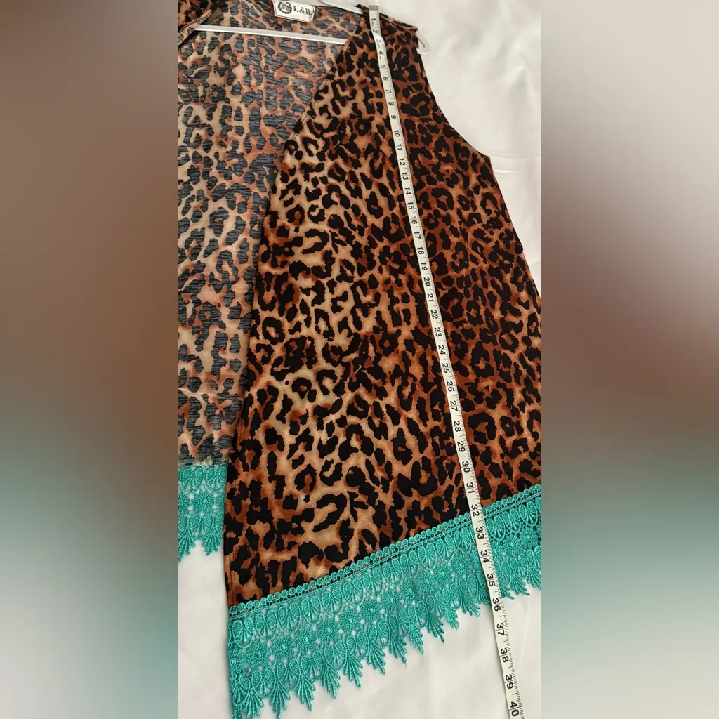 L&B Lucky & Blessed Leopard Print Turquoise Lace Trim Duster Vest XL Western Brown - Image 3