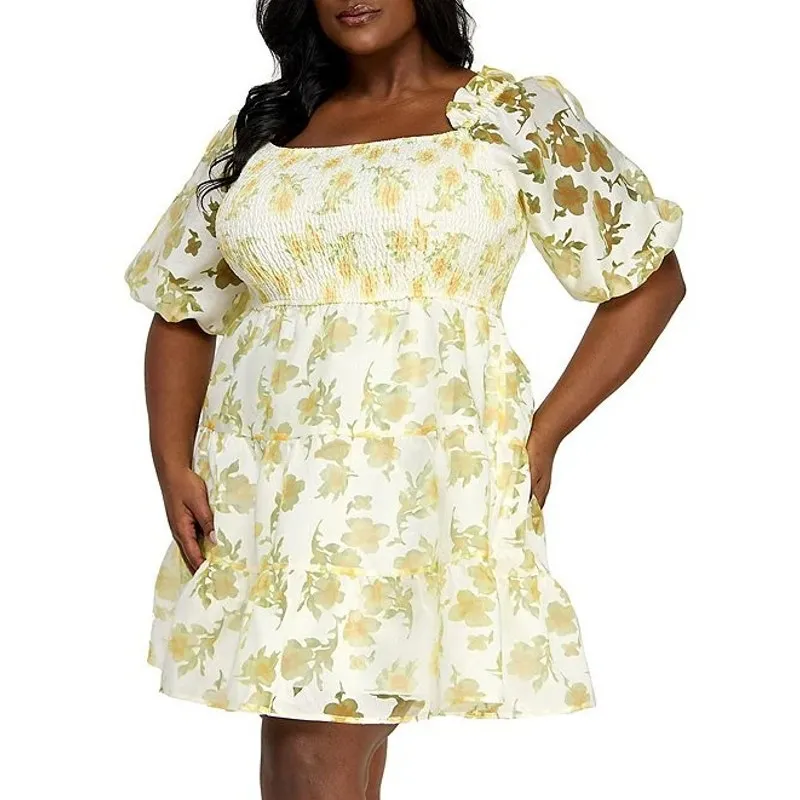 Layered With Love Square Neck 3/4 Sleeve Smocked Tiered Floral Dress Size 1X Yellow - Image 4