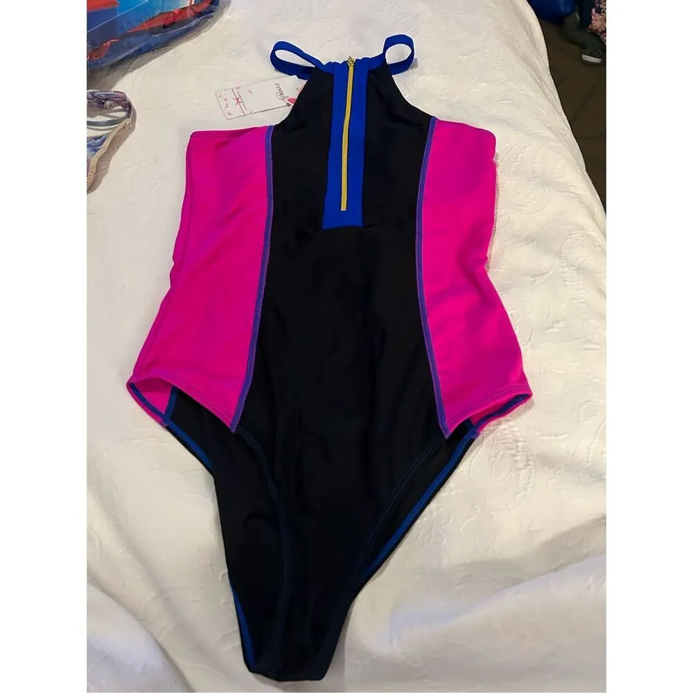 NEW 1 Pc Swimsuit Zipper Tummy Control Rash Guard Swimming M Black Size M - Image 4