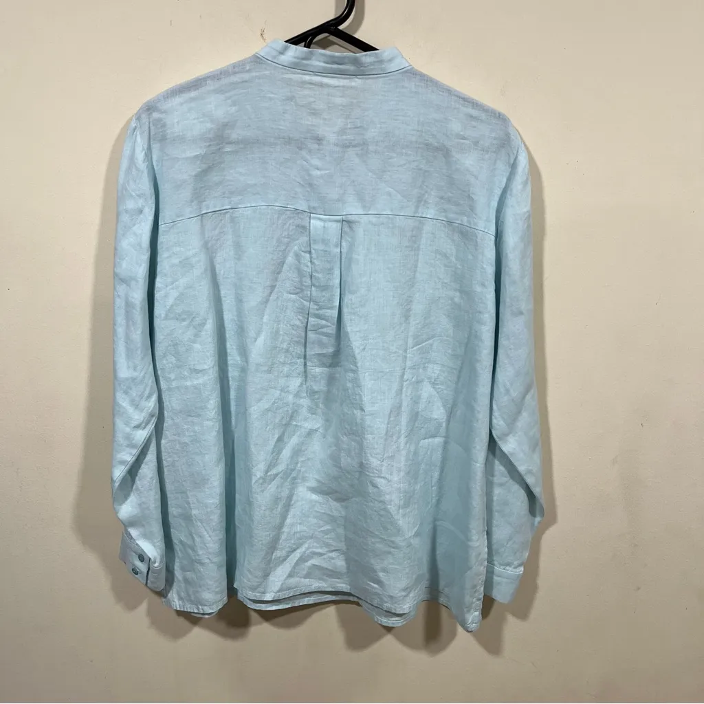 EUC Eileen Fisher Linen Band Collar Henley Top size M light blue long sleeve - Image 6