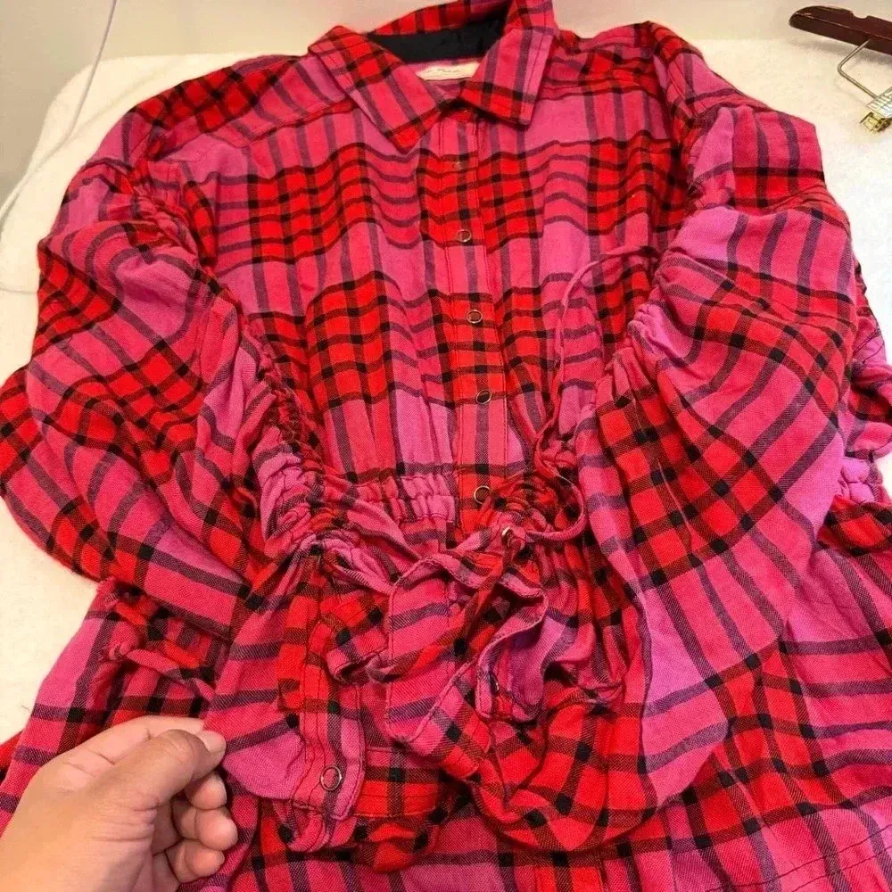 Free People pacific dawn red plaid button down shirt s - Image 7