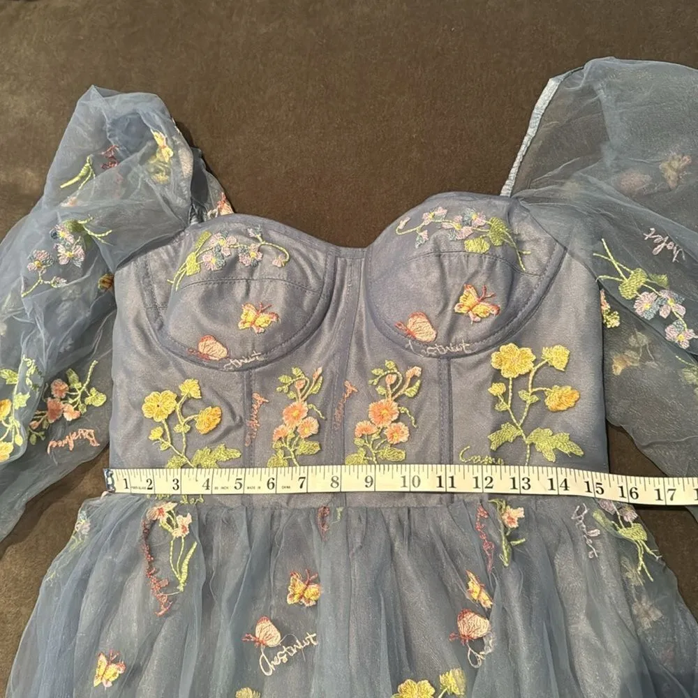 Women’s Blue Dress Embroidered Flowers & Butterflies Corset Back Size 12 NWOT Blue - Image 8