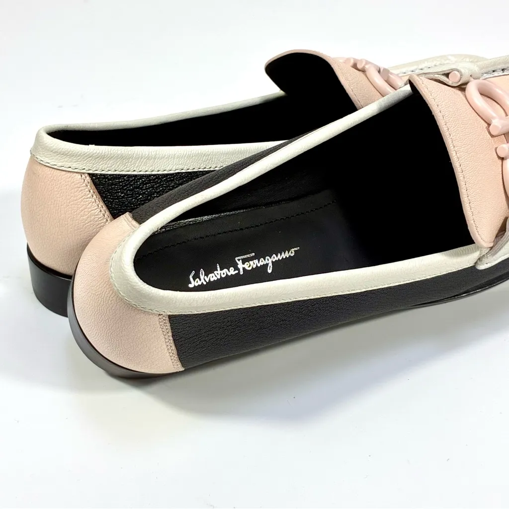 Salvatore Ferragamo Gancini Leather Colorblock Loafers 8.5 Black Pink Ivory NEW - Image 8