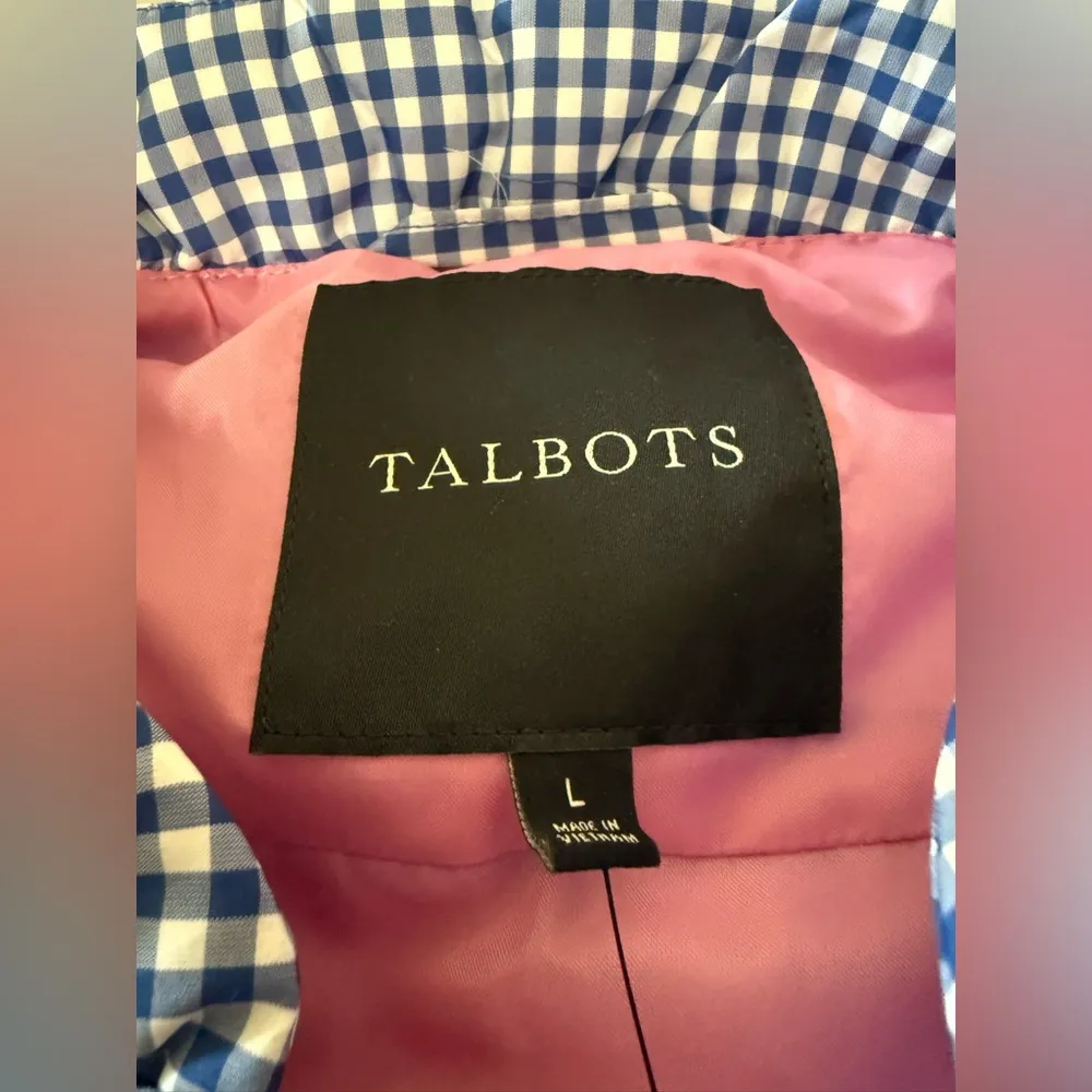 Talbots Women’s Blue And White Gingham Checks Full Zip Vest Pink Trim NWT Large - Image 6