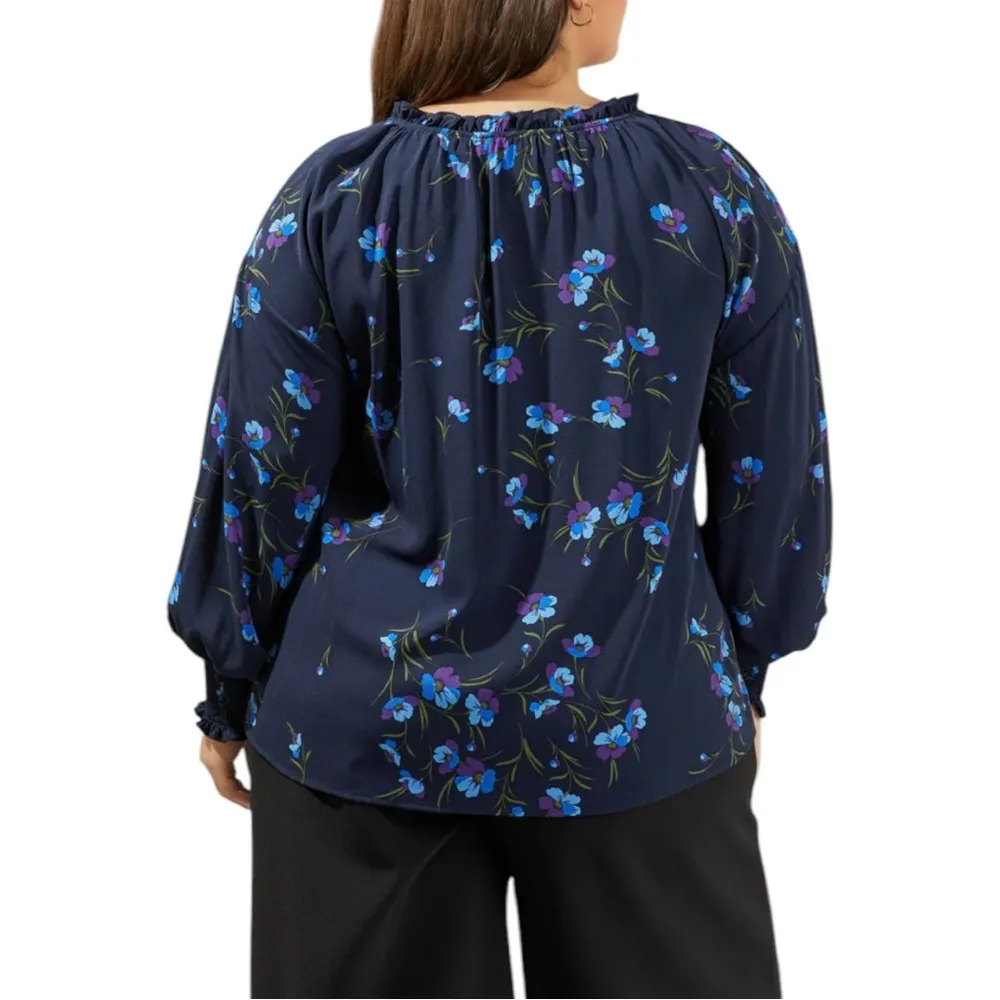 Sugarlips Torun Floral Split Neck Blouse size 1X Navy/Purple NWT Long Sleeve - Image 2