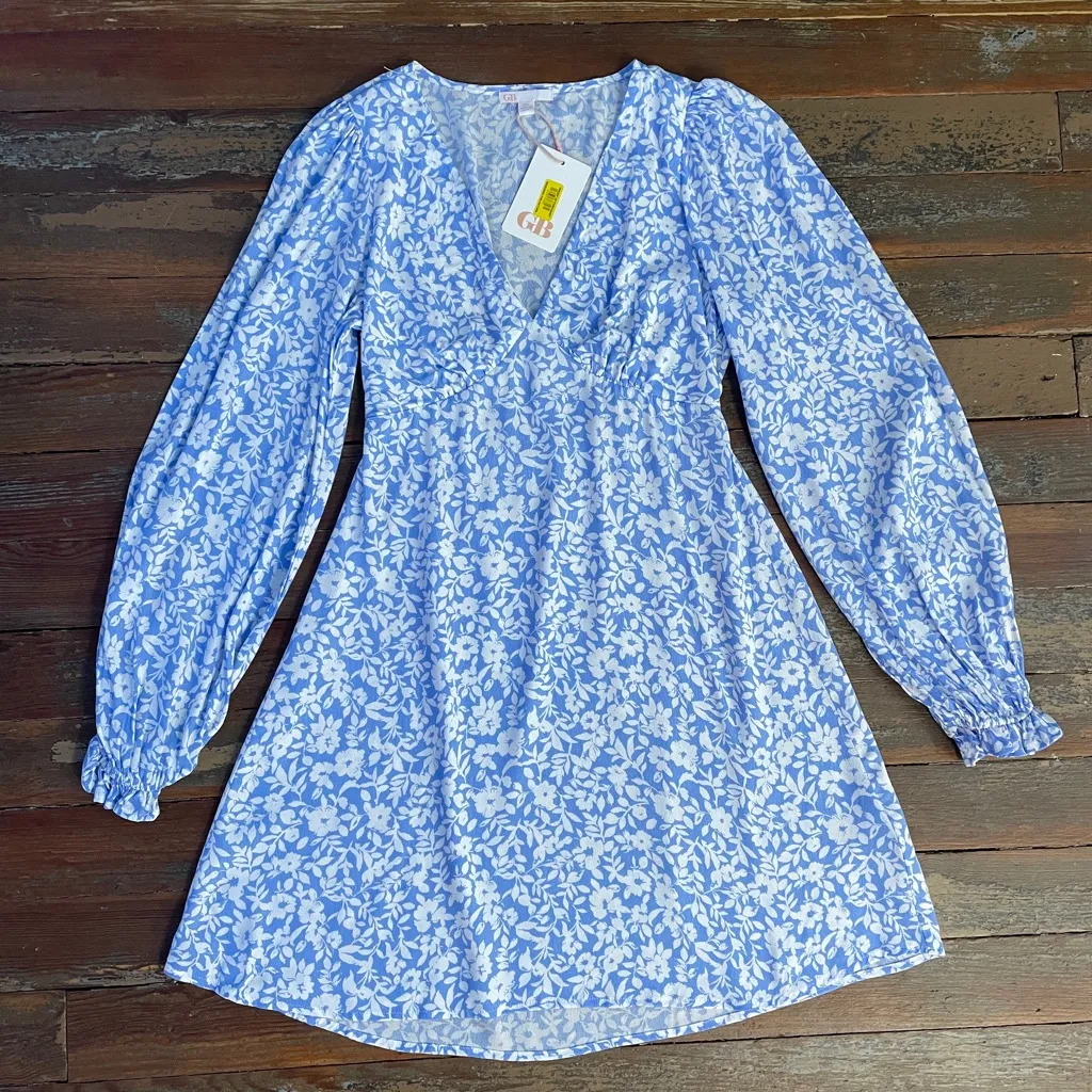 NWT Gianni Bini Blue & White Floral Cottagecore Baby Doll V Neck Dress Sz XS 💚🎀 - Image 8