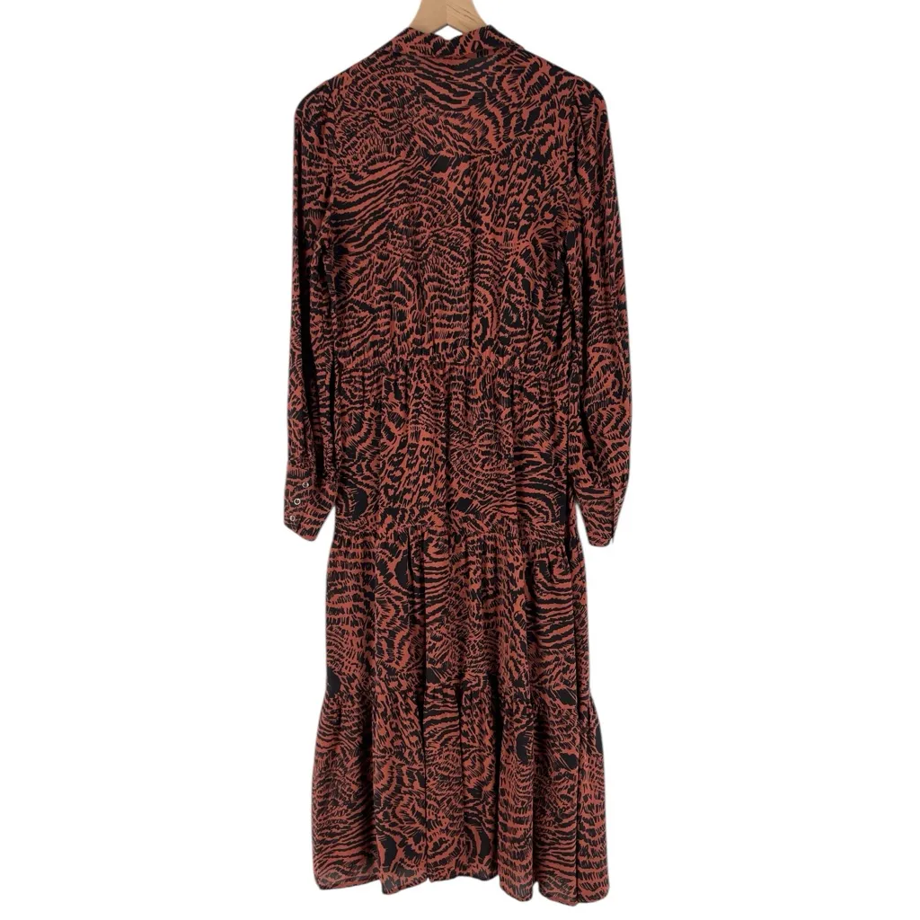 Line & Dot‎ Silk Chiffon Printed Long Sleeve Tiered V Neck Midi Peasant Dress - Image 2