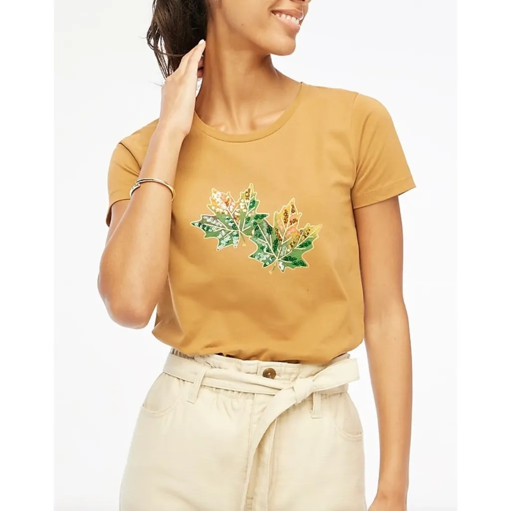 J. crew fall sequin leaf collectors Tee cotton tan, brown, green tee shirt L - Image 11
