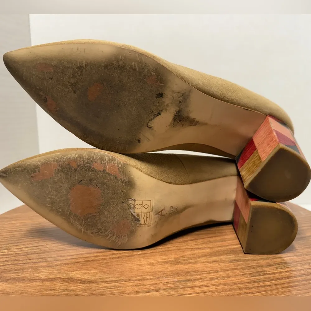 Anthropologie Women Suede Camel Pointed Toe Checkerboard Wood Block Heel-11 - Image 8