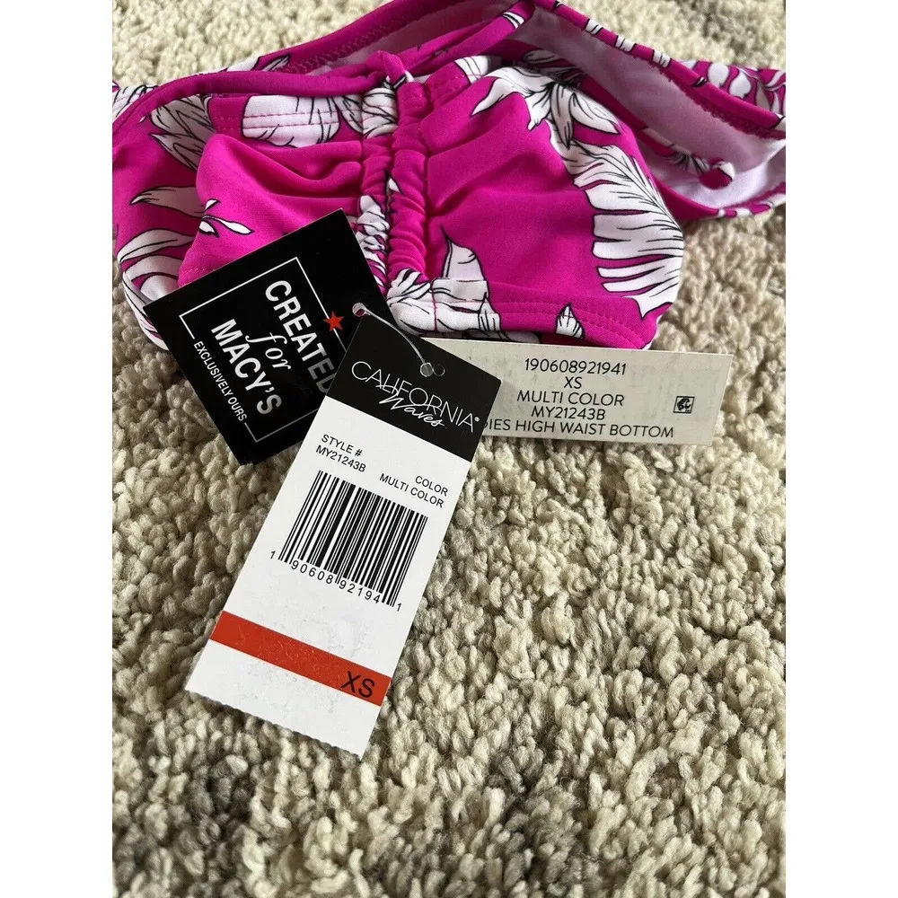 NWT California Waves Hot Pink Tropical Floral Print Tie Sides Bikini Bottom XS - Image 6
