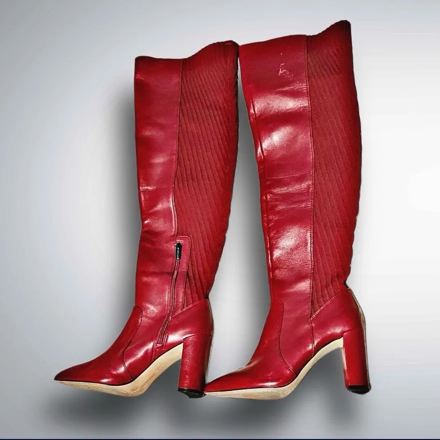 Vince Camuto Women’s Size 7.5 Red Leather Knee High Boots Block Heel Pointed Toe - Image 2