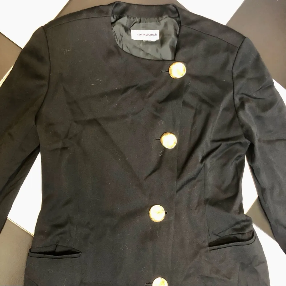 Vintage 80s  Paris Black Crepe Dress Matte Goldtone Buttons Midi sz M - Image 2