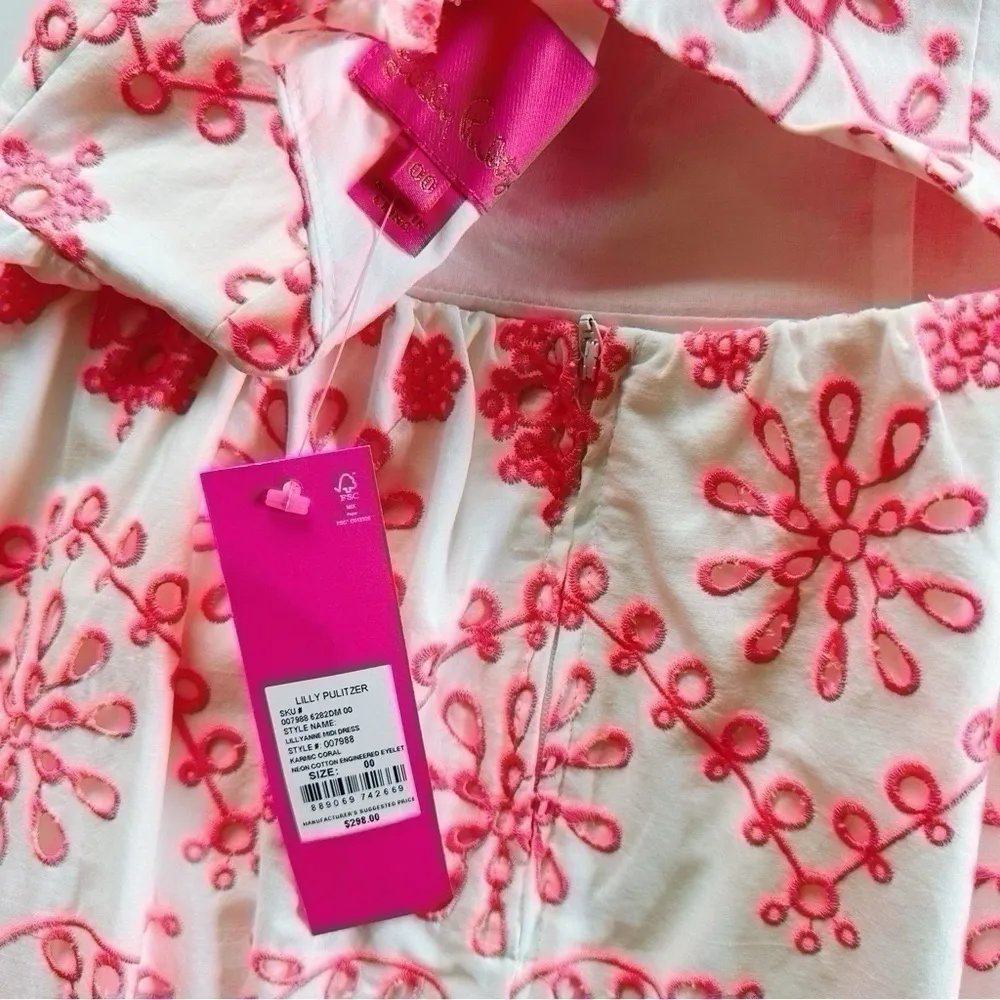 NEW Lilly Pulitzer Lillyanne Midi Dress Karmic Coral Neon Cotton Eyelet Size 00 - Image 12