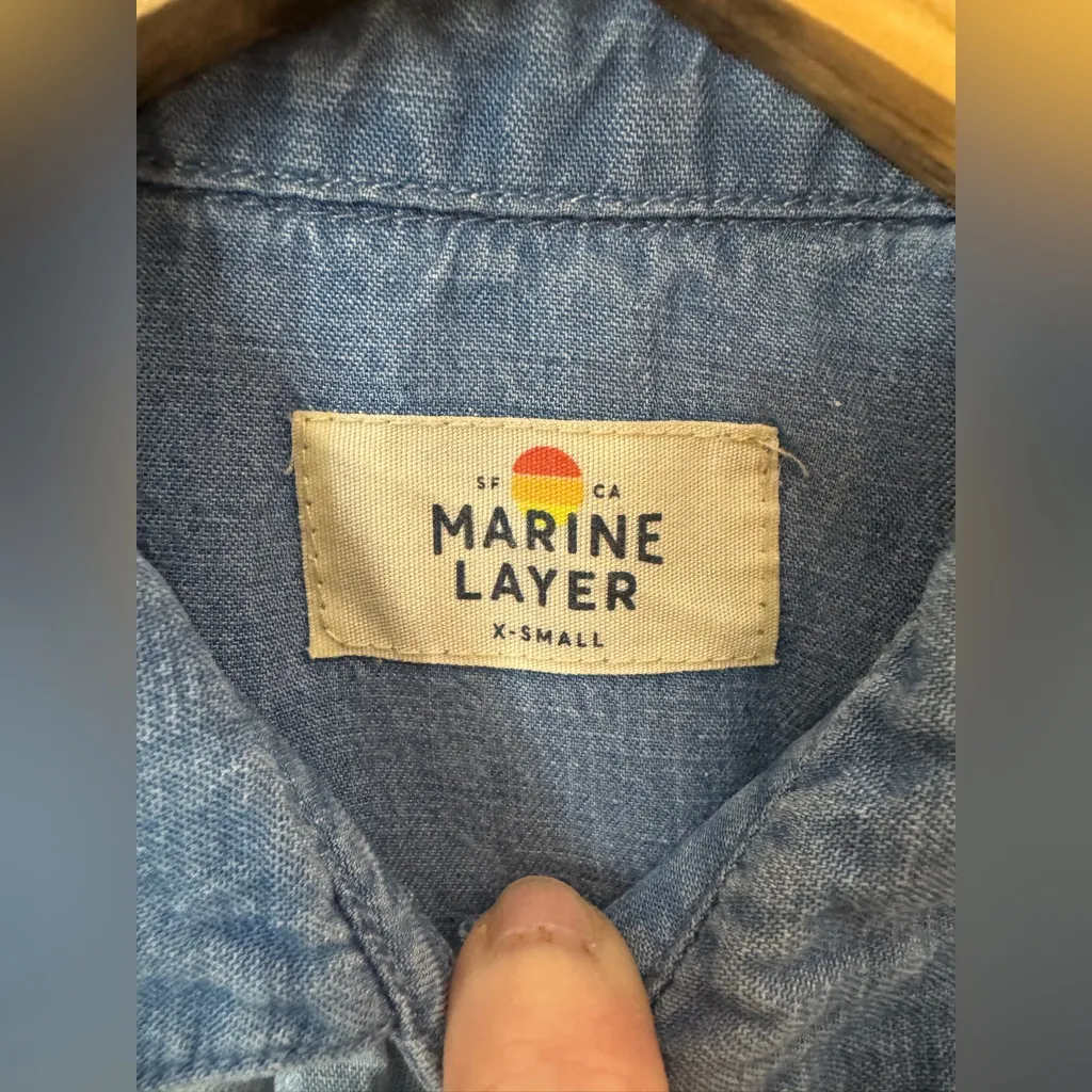 Marine Layer‎ XS Mariah Short Sleeve Collar Button Down Chambray Color block - Image 3