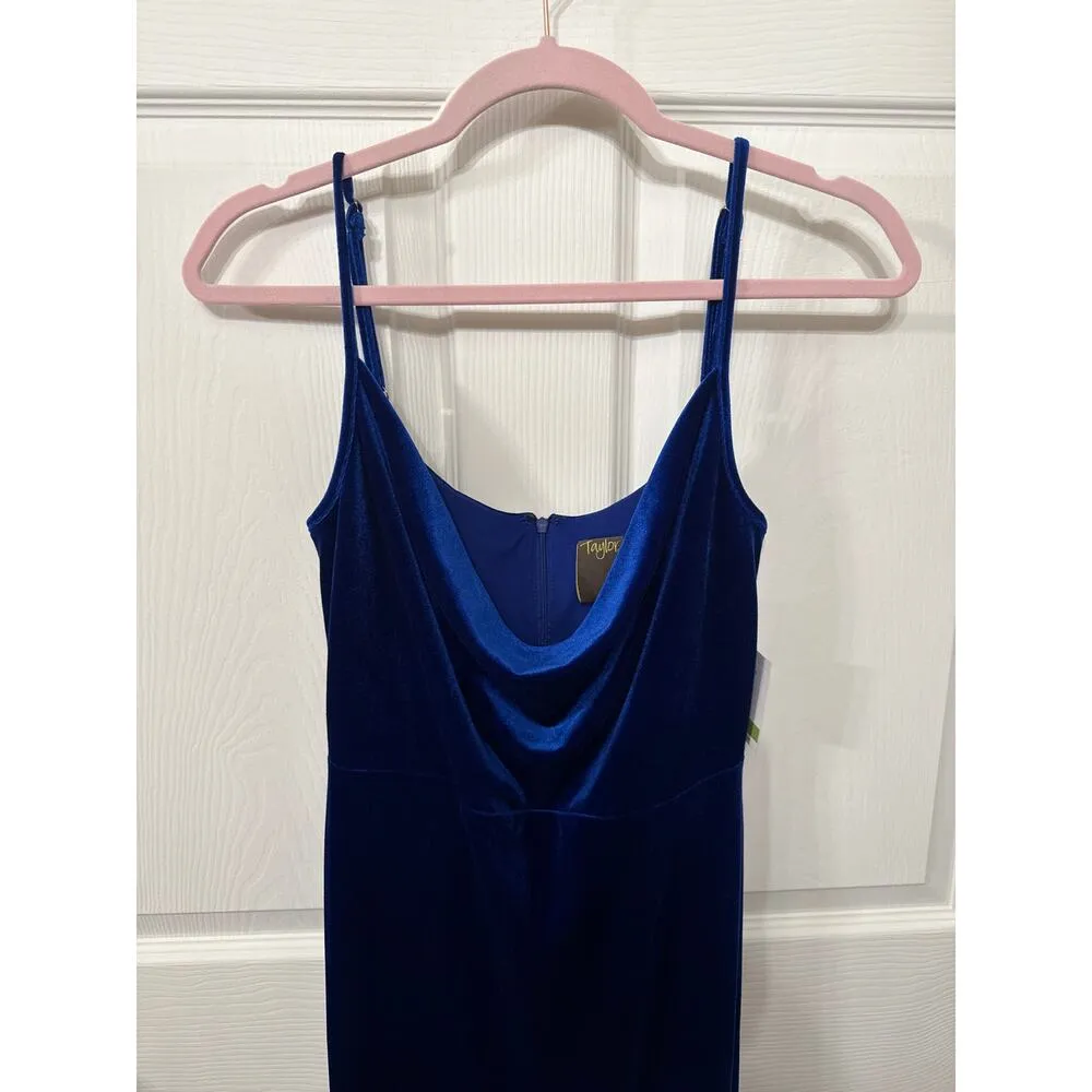 NWT Taylor Royal Blue Velvet Fringe Cowl Neck Dress, Sz 8 Size M - Image 2