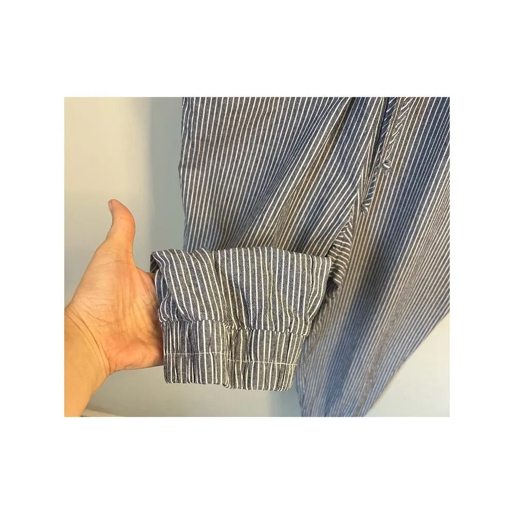 DREW Anthropologie Pin Stripe Blue Ivory Jumpsuit Pockets Criss Cross Back sz. M - Image 5