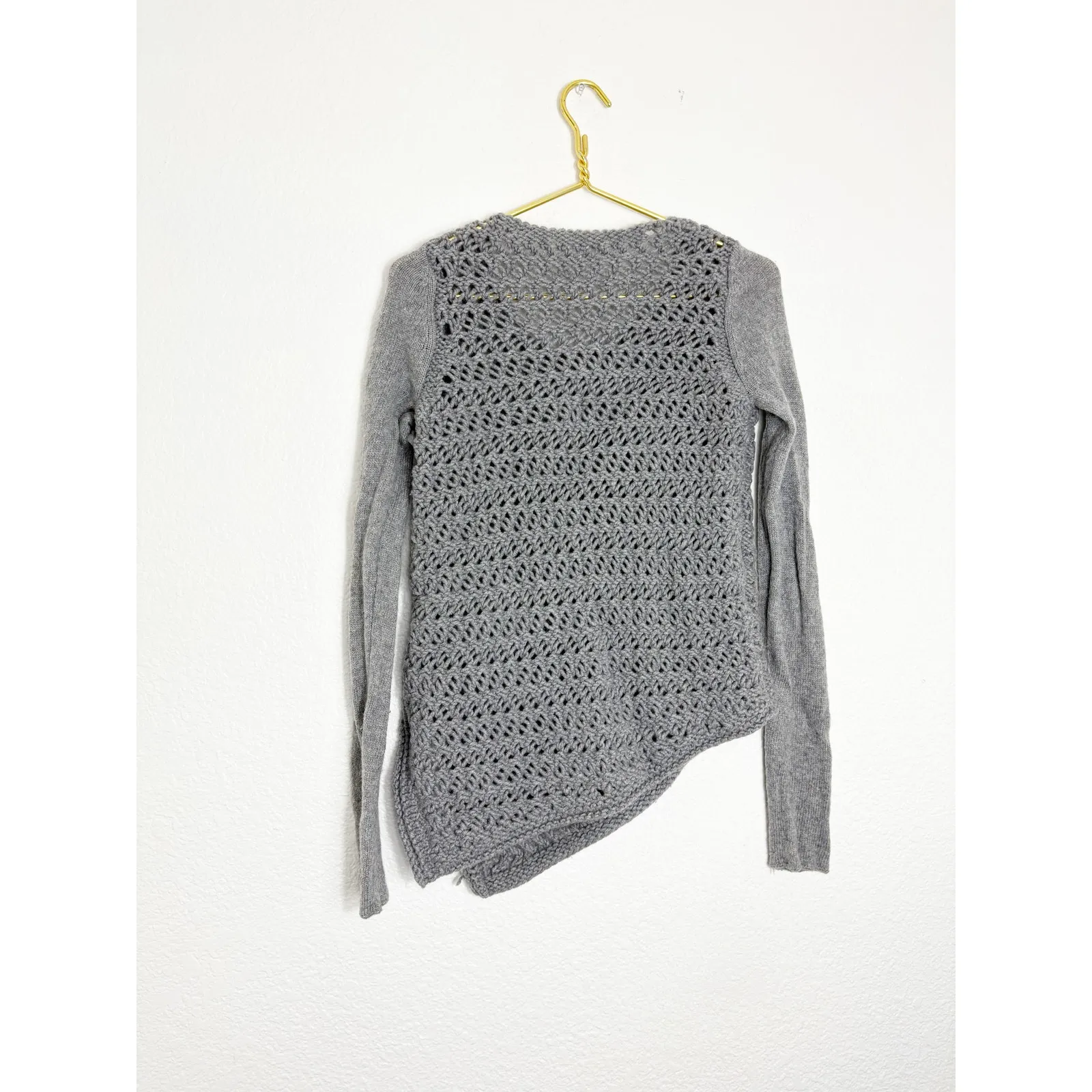 HELMUT LANG Asymmetrical Open Knit Sweater Size Small Gray Wool Cashmere - Image 12