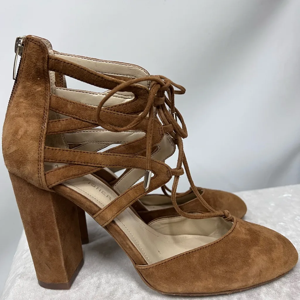 Marc Fisher tan Brown Suede leather Lace-Up Heels 8M round toe pumps - Image 10