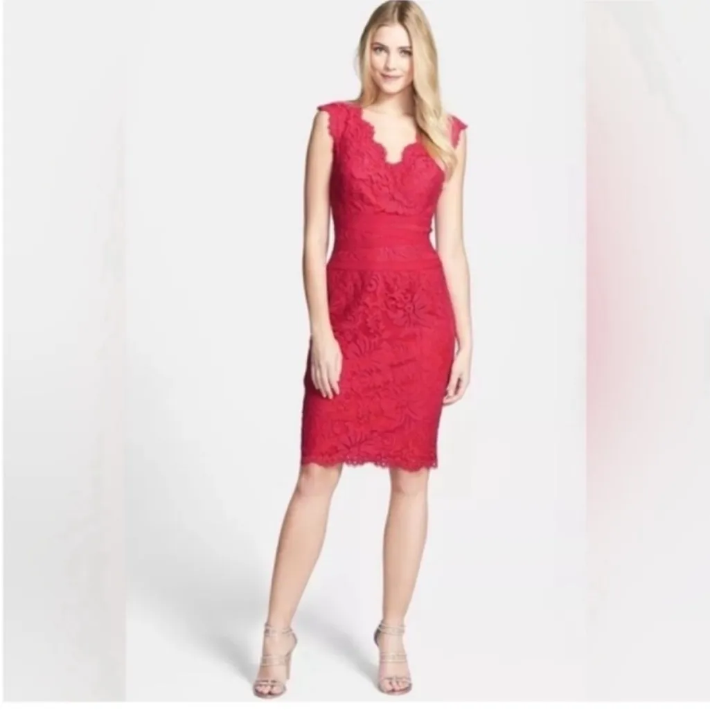 Tadashi Shoji Red Lace Pencil Dress Size 8 - Image 12
