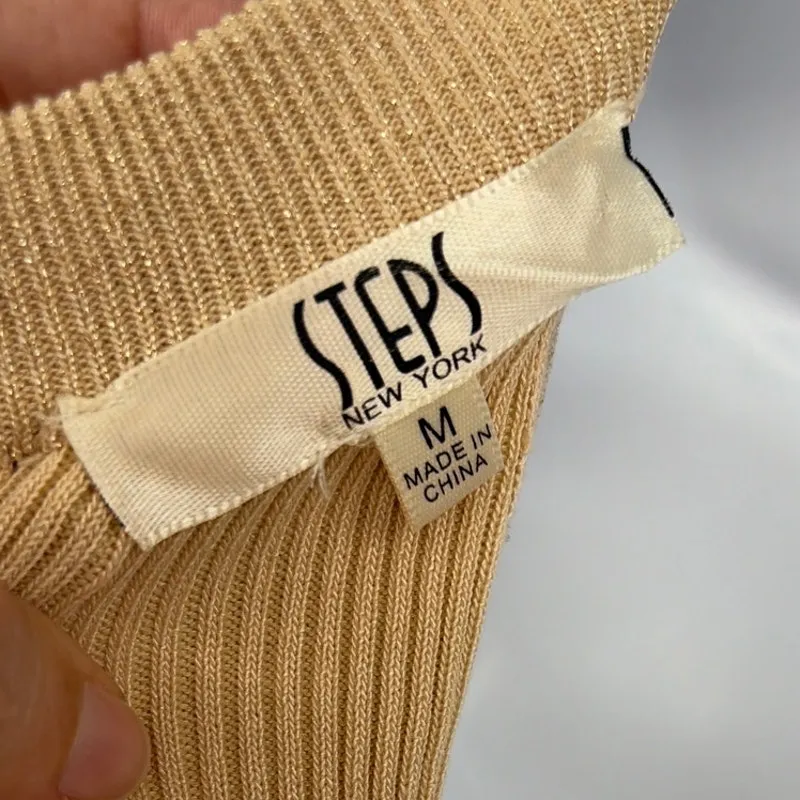 Steps New York Ribbed Bodycon Dress Sz M Sparkle Buttons Tan Quiet Luxury MIdi Size M - Image 9