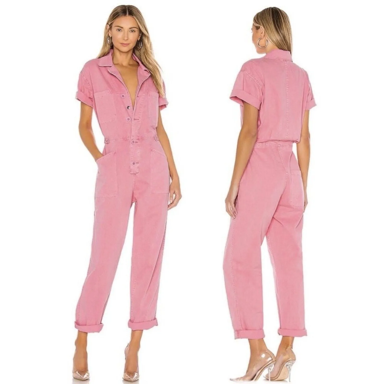 PISTOLA Grover Jumpsuit Womens XS Pink Flamingo Utility Cargo Tapered Leg Cotton - Image 2