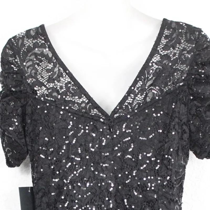 Marina Ruched Sleeves Lace Sequins Dress Size S V Neck Short Sleeve Black - Image 2