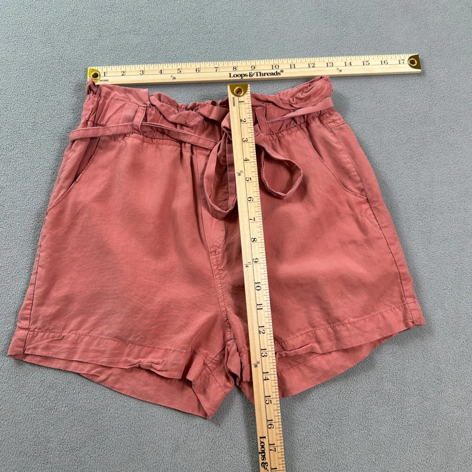 THREAD SUPPLY Paperbag Waist Shorts XS Womens Brick Dust Tencel Lyocell Tie Belt Pink - Image 4