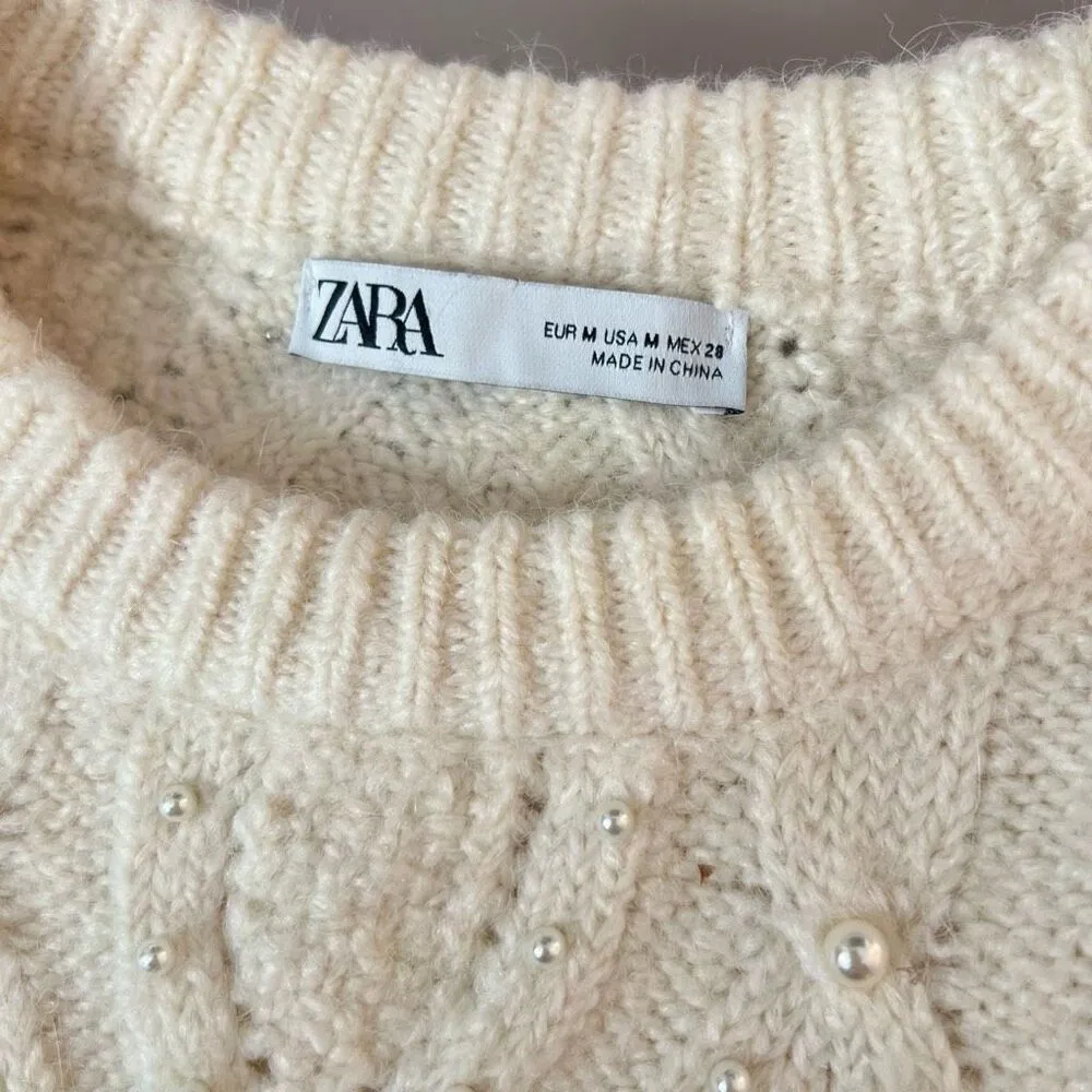 Zara Ivory Faux Pearl Alpaca Wool Blend Balloon Sleeve Sweater Size Medium - Image 10