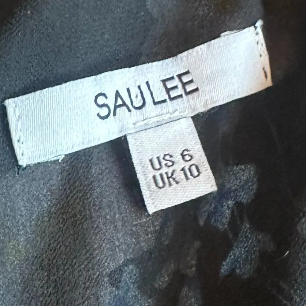 Sau Lee Sienna Black Floral Dress Long Sleeve Ruched 100% Silk Size 6 Women's - Image 15