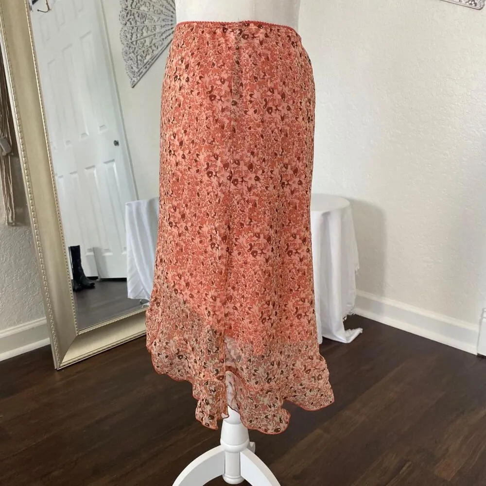 Connected Early 2000's Blush Pink Orange Flower Fairy Floral Frilly Midi Skirt L Size undefined - Image 4