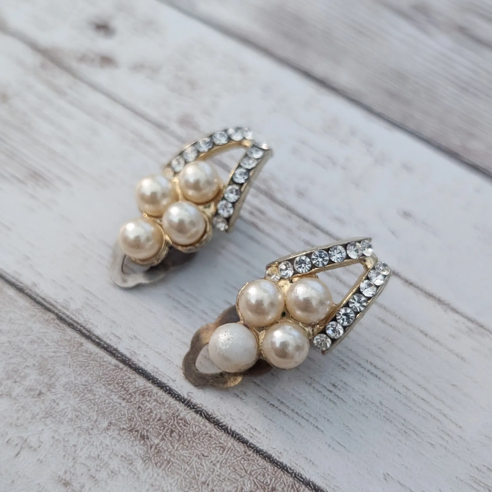 Vintage Clip On Earrings Faux Pearls & Clear Gems - Image 2