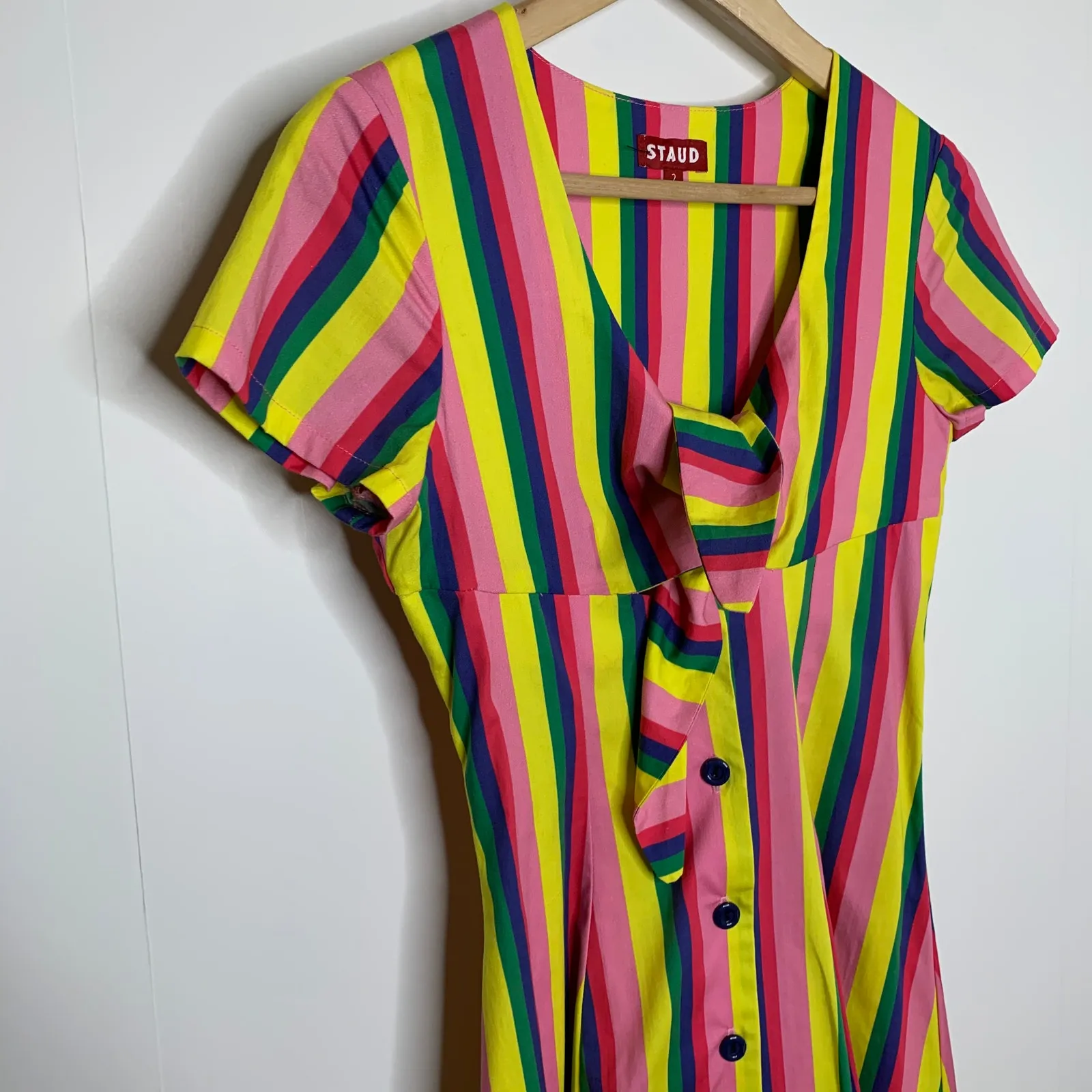 STAUD Alice Tie-front Striped Stretch-cotton Poplin Dress In Pink Stripe - Image 6