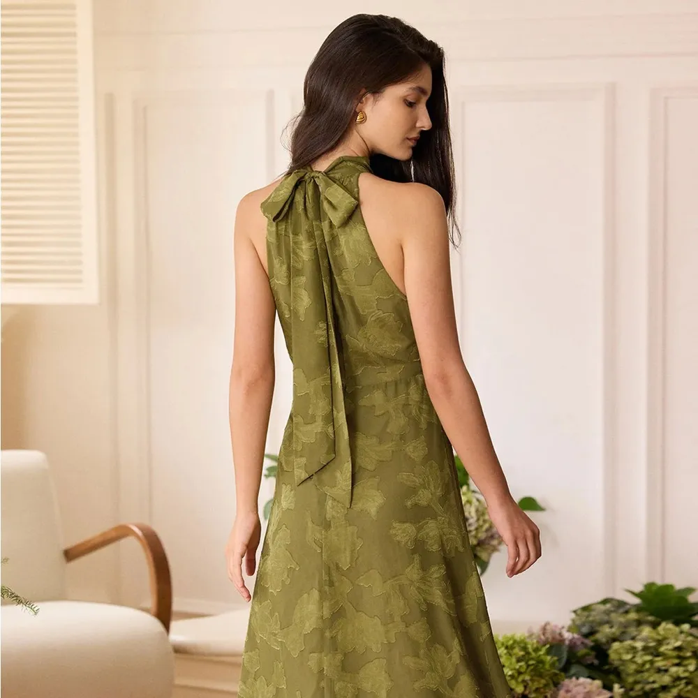 RIHOAS The Green Jacquard Ruched Halter Midi Dress 76 Size L - Image 5