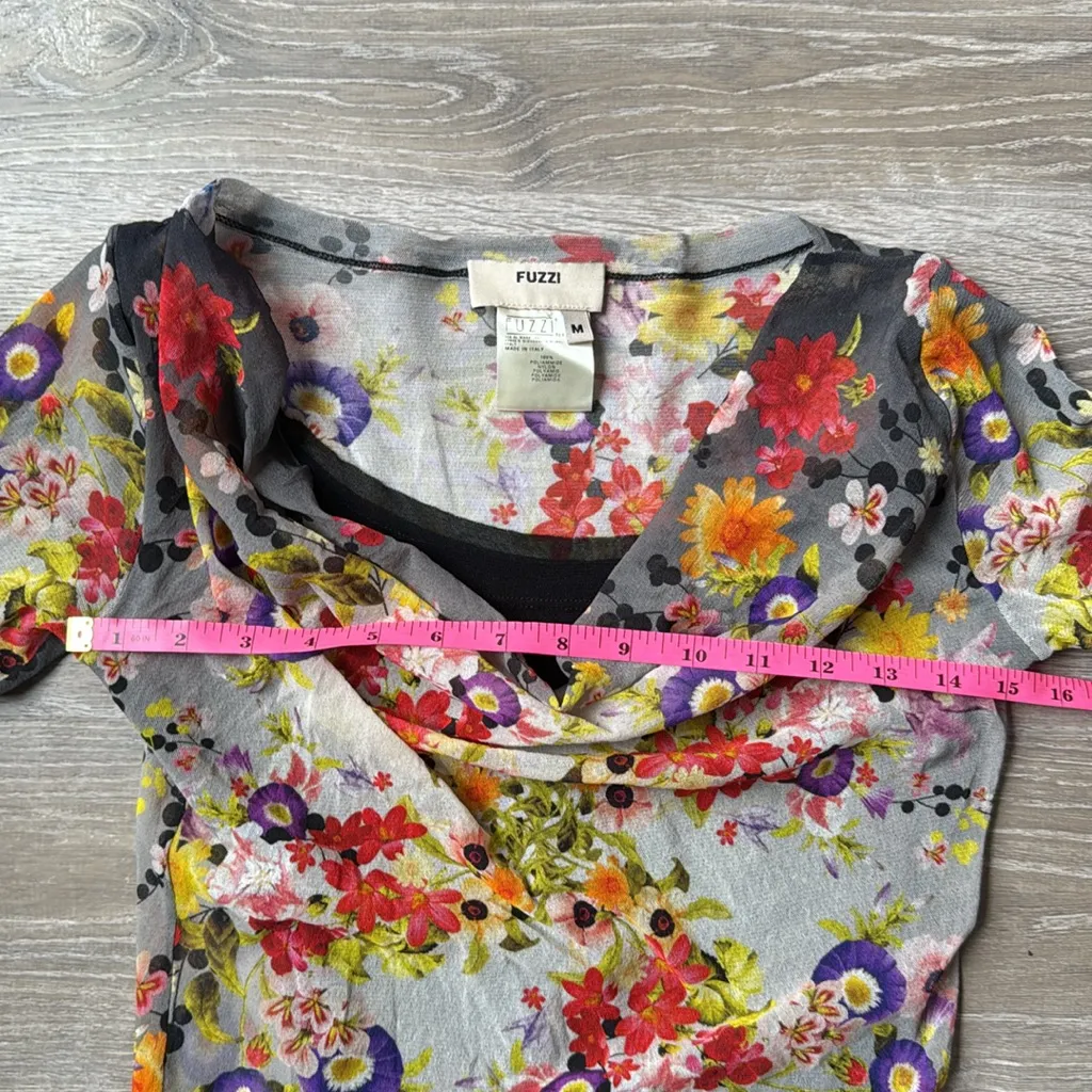 JPG Fuzzi Sheer Mesh Floral Long Sleeve Top – Cowl Neck Medium Black - Image 8