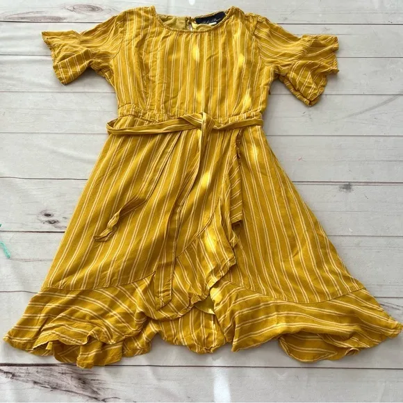 Francesca’s Blue Rain Yellow Ashton Stripe Faux Wrap Dress Size Medium - Image 1