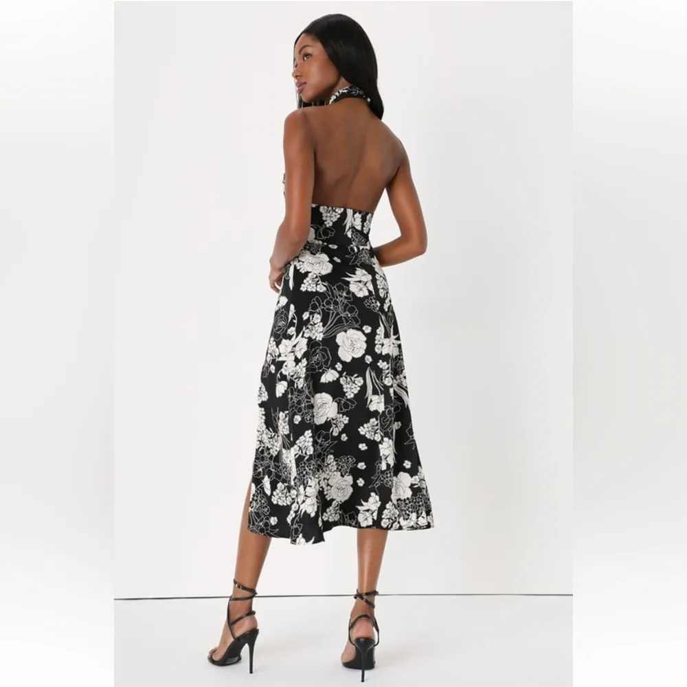 Black & White Floral Satin Halter Midi Dress - Image 3
