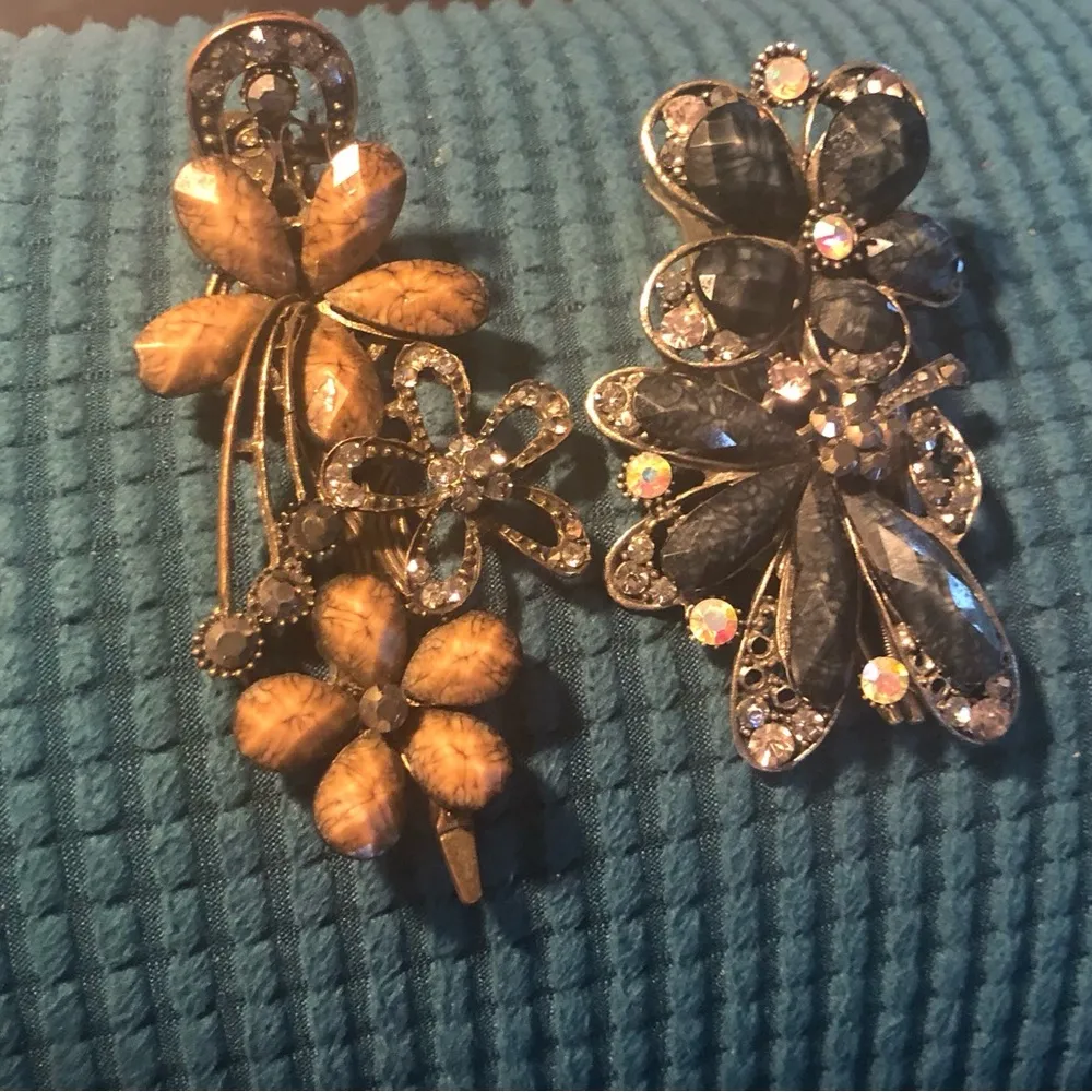 2 Rhinestone Colored Stone Metal Hair Clips Barrettes Antique Gold/Silver Fancy - Image 7