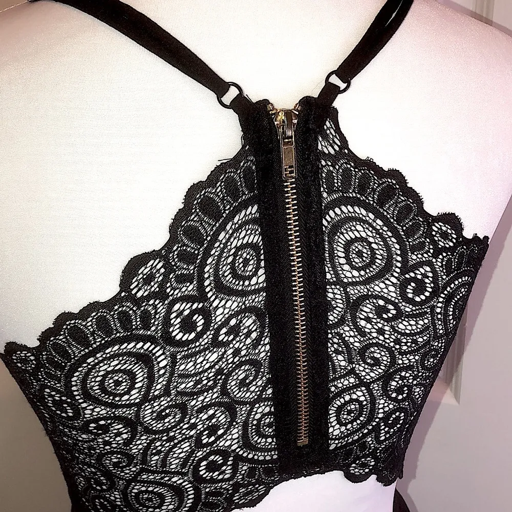 Black V-Neck Lace Back w Gold Zipper Open Back Tiered Dress Adjust Straps Sz MD - Image 10