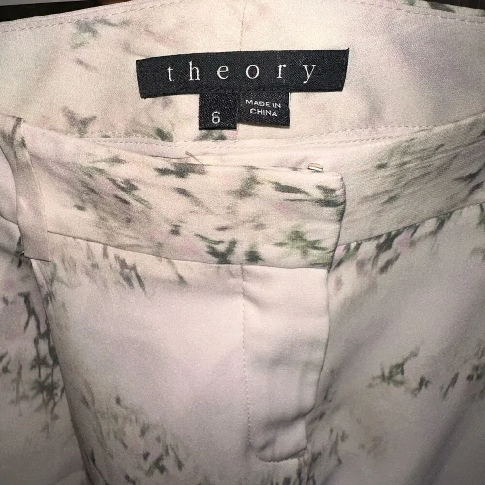 THEORY 100%SILK FLORAL IVORY RELAXED CHINO TAPERED PLEAT PANTS - Image 4