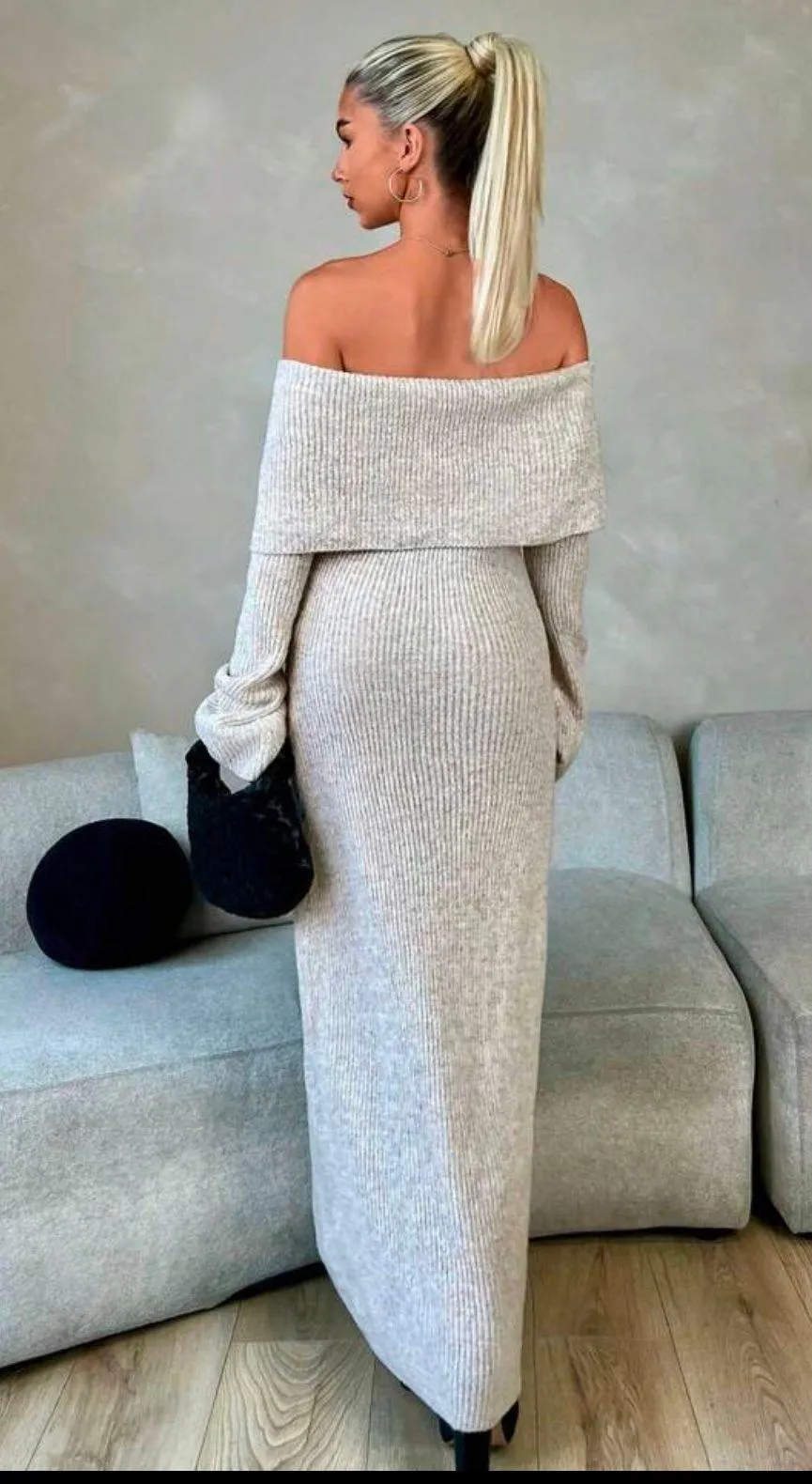 Knit Off The Shoulder Maxi Dress Tan Size M - Image 2