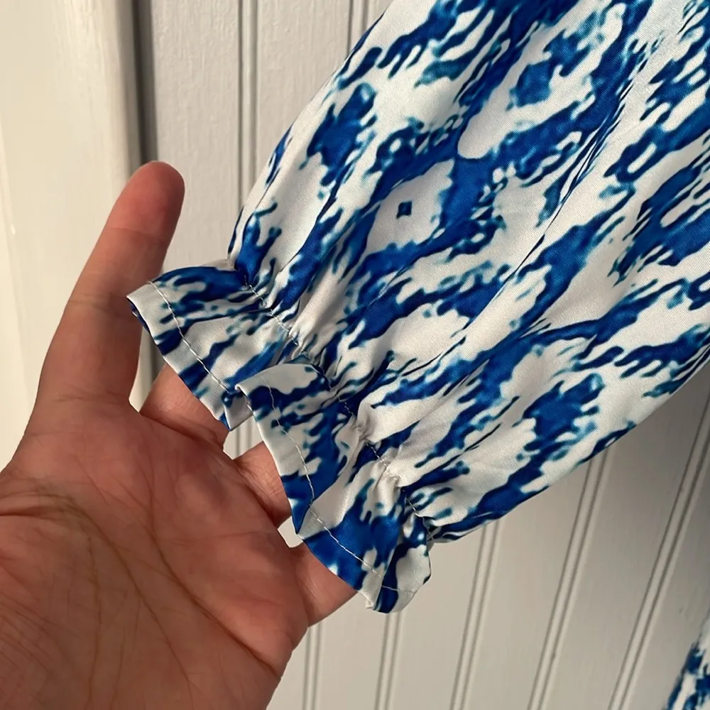 Blue Boho Pattern Maxi Elegant Short Sleeve V Neck Loose Swing Dress | Small - Image 6