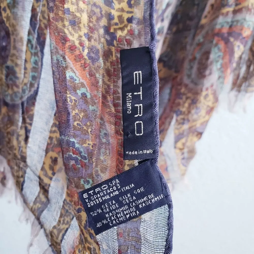ETRO Paisley Floral Bohemian Print Scroll Sheer Paneled Silk Cashmere Scarf Brown - Image 6