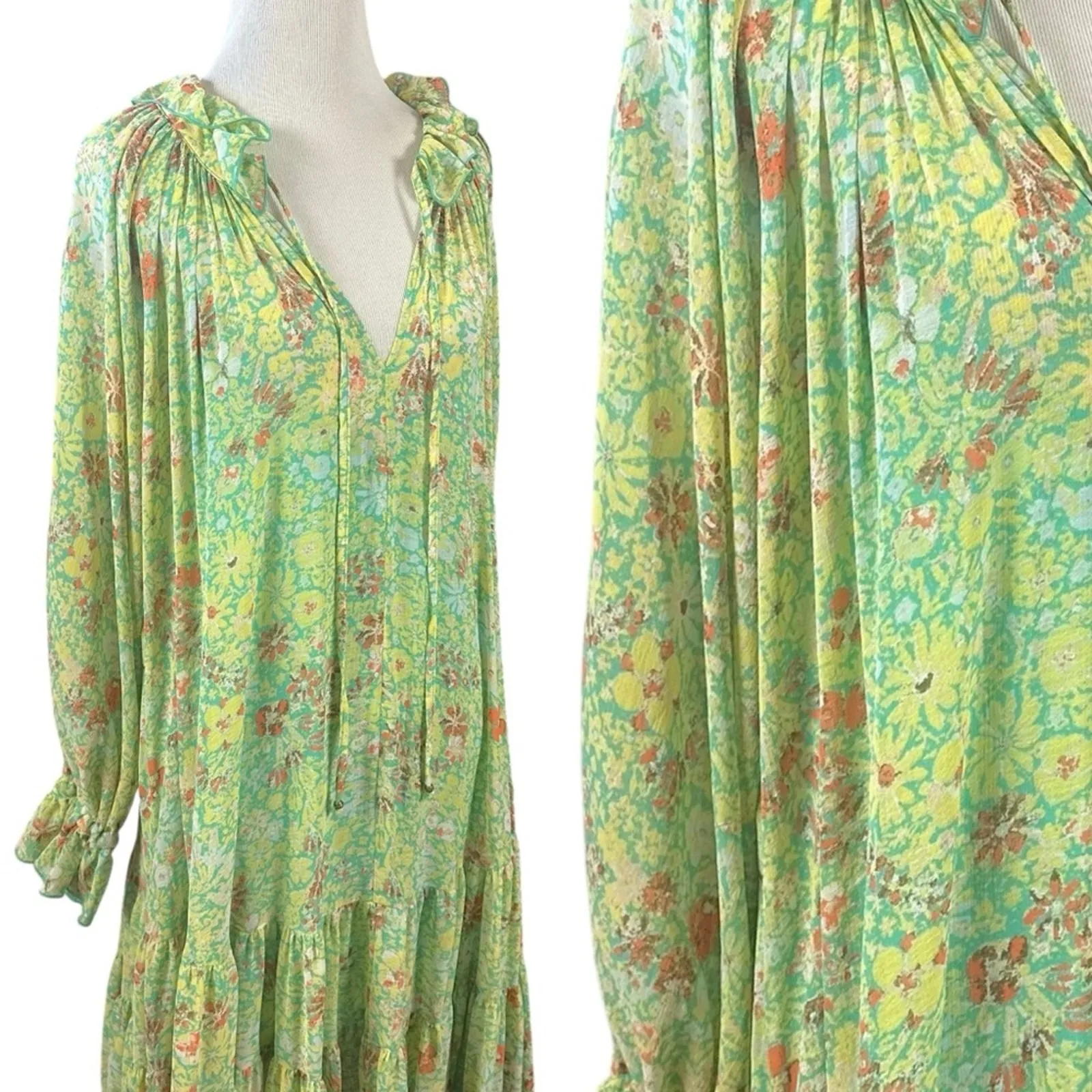 Free People Feeling Groovy Maxi Dress Size XL 70s Chartreuse Floral Bohemian - Image 6
