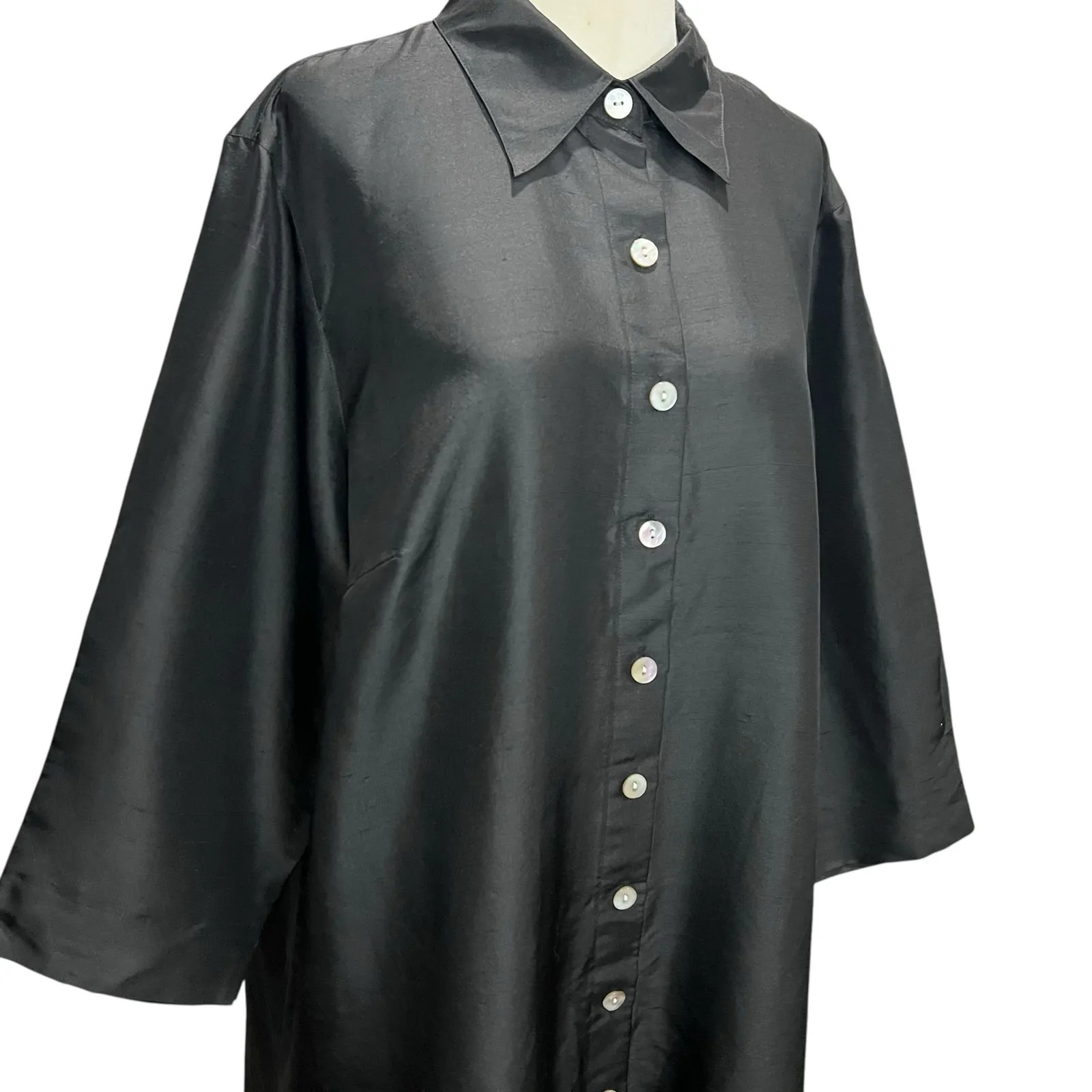 Harve Benard Tunic Shirt Dress 16W Black 100% Silk Button Front Relaxed Lagom - Image 3