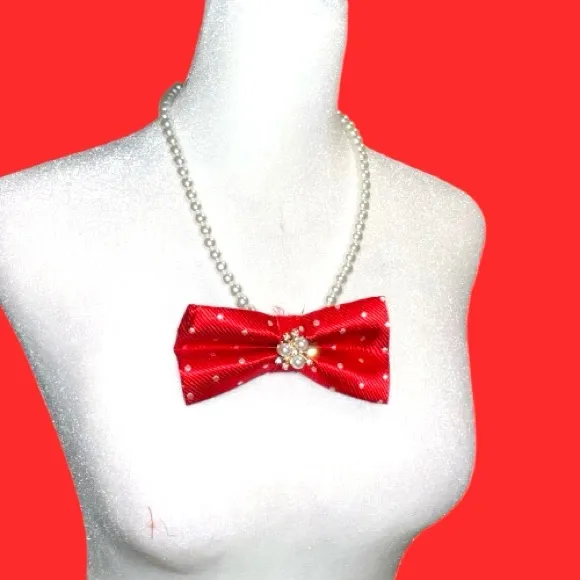 “Dainty Dapper” Red Bowtie Pearl Necklace - Image 3