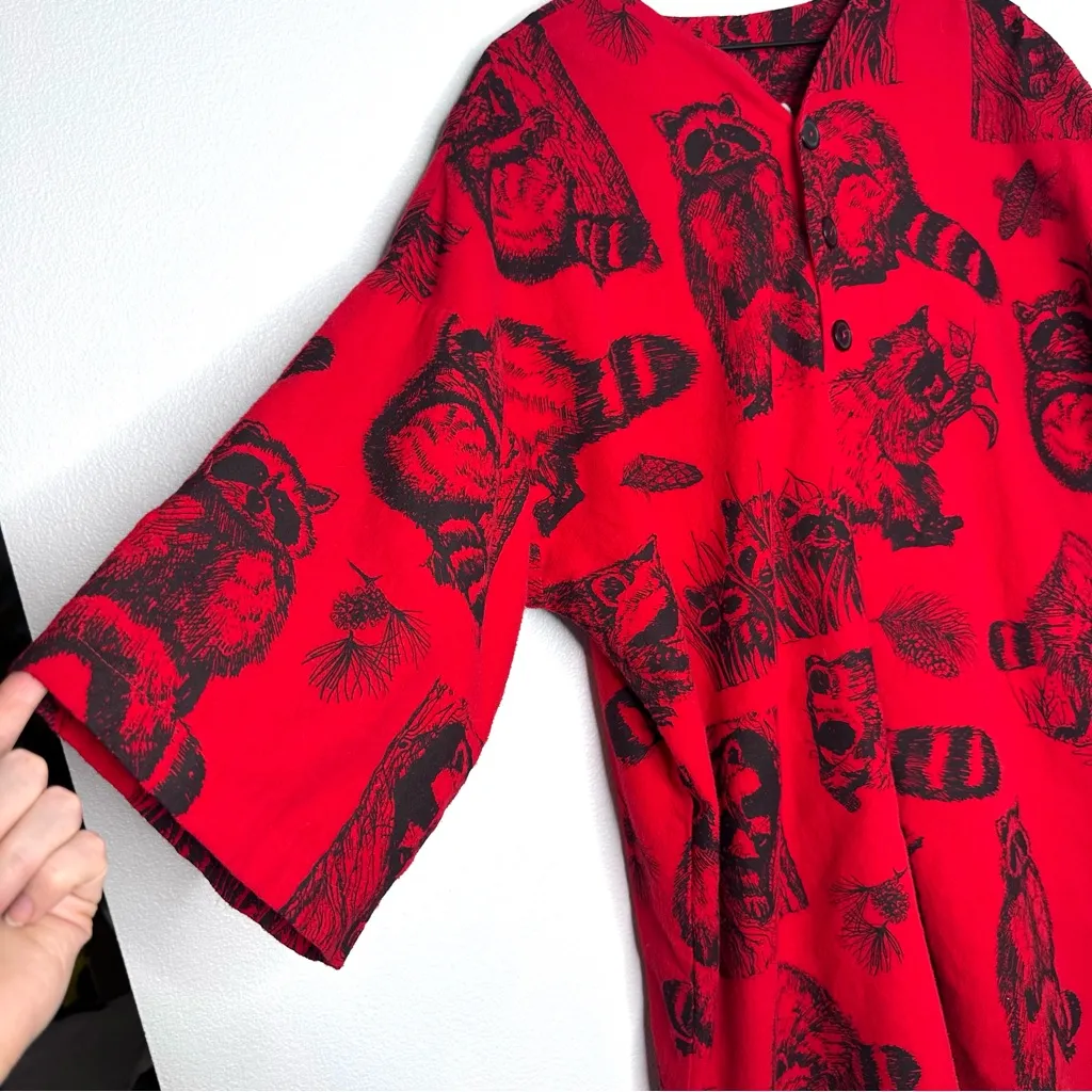 Vintage 90s Michigan Rag Co Flannel Raccoon Nightgown Sz L/XL Red Cabin Cottage Size L - Image 5