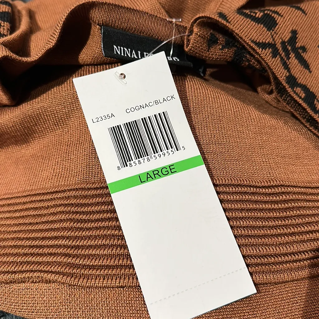 NWT NINA LEONARD FIT & FLARE FLORAL KNIT SWEATER DRESS IN COGNAC / BLACK Brown Size L - Image 7