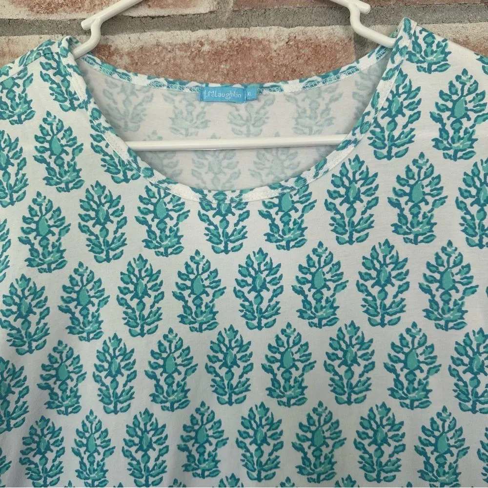 J. McLaughlin Short Sleeve Knit Tee T Shirt Women’s XL White Turquoise Blue - Image 2