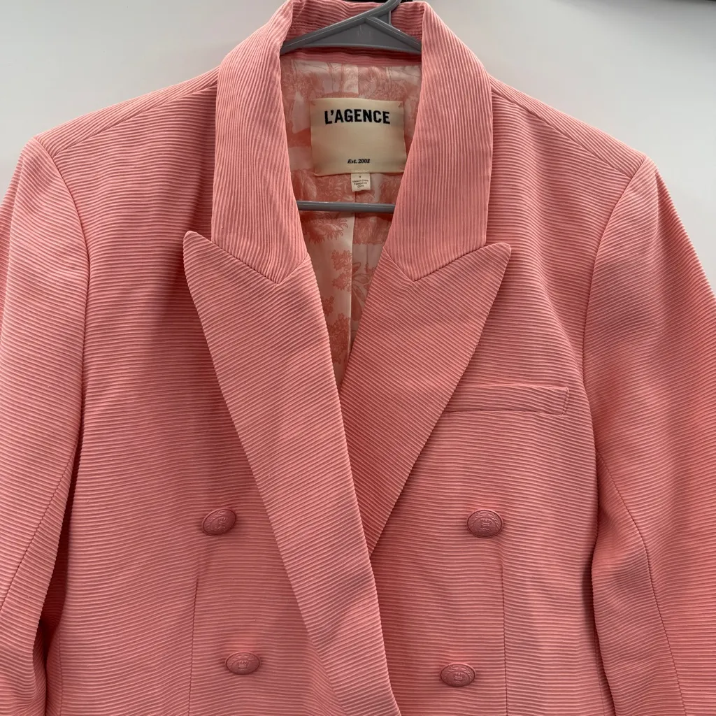 L'agence Blazer Women's Size 8 Rose Pink Kenzie Double Breasted Textured Classic - Image 4